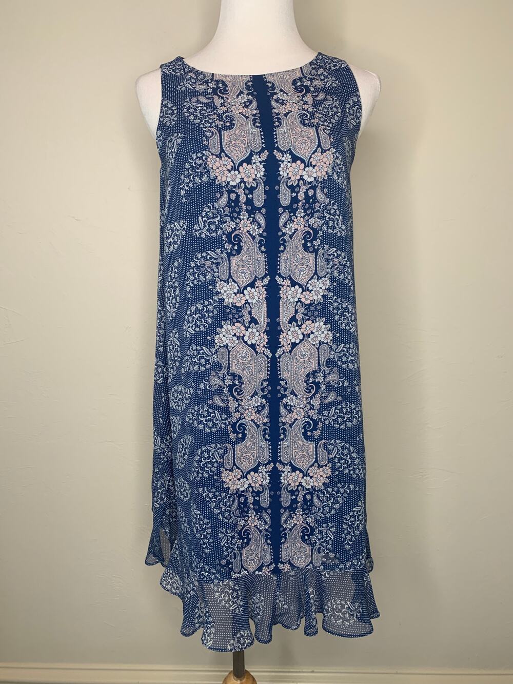 Max Studio Blue Shift Dress Ruffle Hem Sz XS Preppy Cottage Western